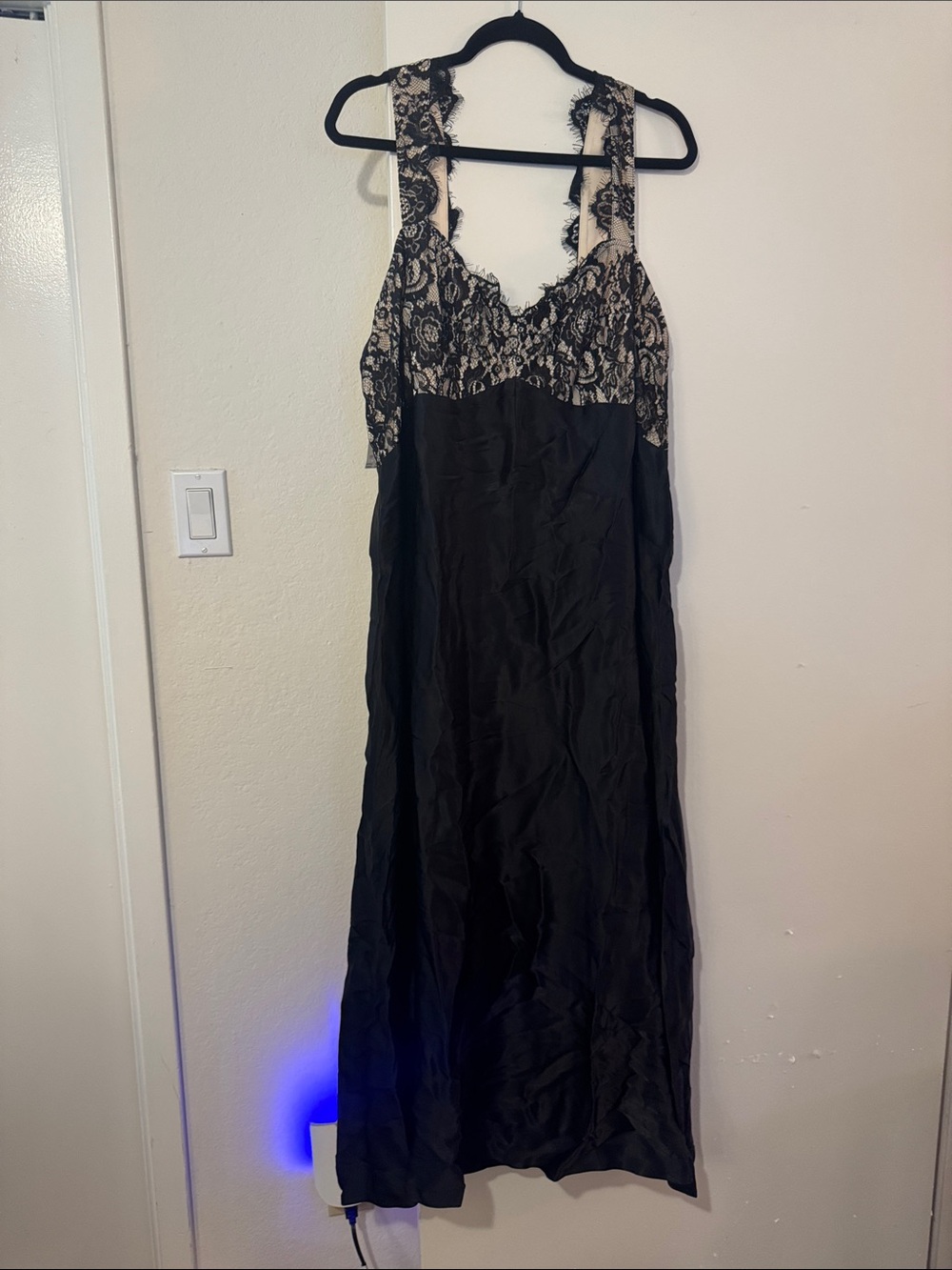 Anthropologie Black Maxi Slip Dress with Cream Lace Trim